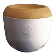 Emile Henry | Garlic Pot - Clay: White ceramic mortar with cork lid/pestle, vented base, ideal for storing garlic cloves. Stackable design for efficient kitchen storage.