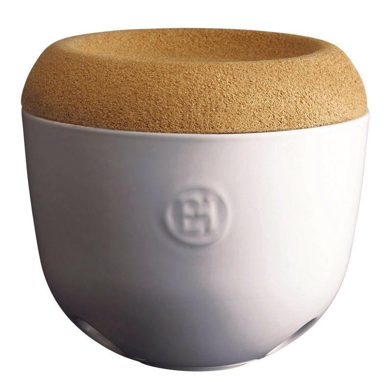Emile Henry | Garlic Pot - Clay: White ceramic mortar with cork lid/pestle, vented base, ideal for storing garlic cloves. Stackable design for efficient kitchen storage.