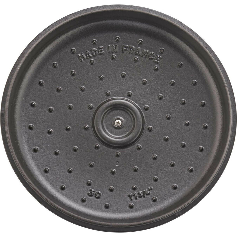 Staub 12-inch Cast Iron Braiser with Lid features vintage-style handles, ideal for versatile cooking, available at Athens Cooks, a curated kitchen store.