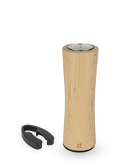 Peugeot Elis Reverse Rechargeable Electric Corkscrew in natural beech, shown with its U-shaped tool for opening and refilling, highlighting its elegant and innovative design.