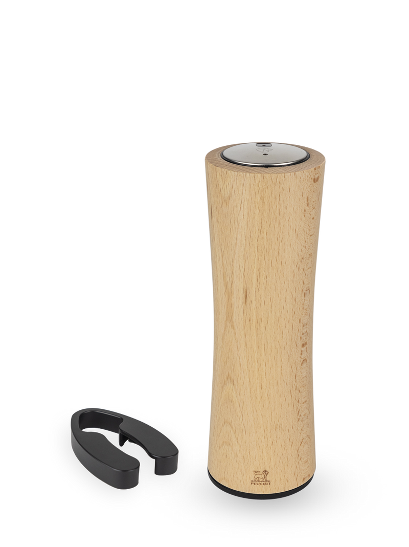 Peugeot Elis Reverse Rechargeable Electric Corkscrew in natural beech, shown with its U-shaped tool for opening and refilling, highlighting its elegant and innovative design.
