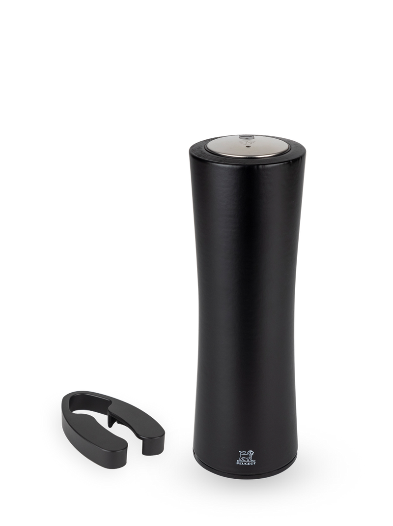 Peugeot | Elis Reverse Rechargeable Electric Corkscrew - Black, showcases a matte black electric spice mill with a ring collar, highlighting its sleek, modern design.