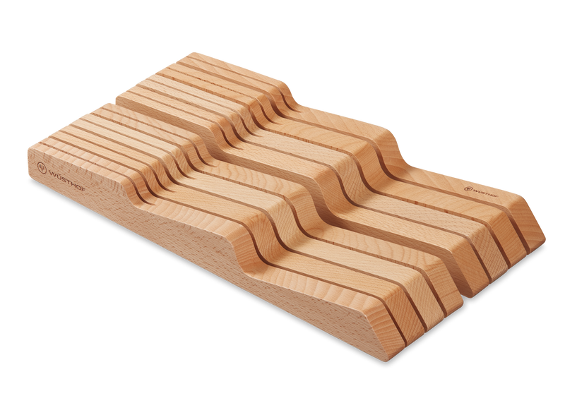 Wüsthof In-Drawer Knife Tray - Large, a beech wood tray for storing up to 14 knives, optimizes kitchen space by fitting neatly inside a drawer.