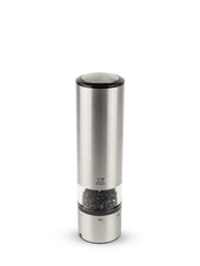 Peugeot Elis Sense Electric Pepper Mill with clear chamber, showcasing whole peppercorns, designed for precision grinding with LED light and u'Select grind control system.