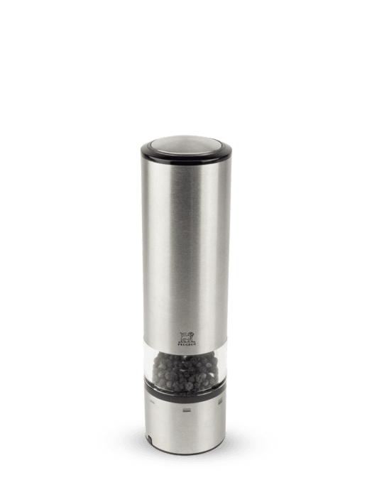 Peugeot Elis Sense Electric Pepper Mill with clear chamber, showcasing whole peppercorns, designed for precision grinding with LED light and u'Select grind control system.