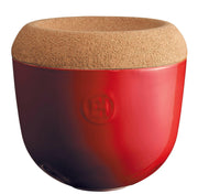 Emile Henry | Garlic Pot - Clay: A functional ceramic pot with a cork lid designed for preserving garlic, featuring ventilation holes for air circulation and stackable storage.