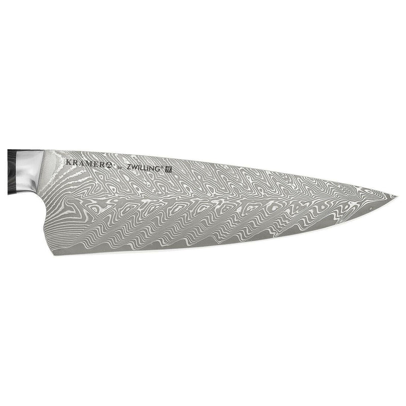 Zwilling | Kramer Damascus Knife Collection - 12 Double Cut Honing Steel, featuring a wide stainless steel blade with Chevron Damascus pattern and black linen Micarta handle.