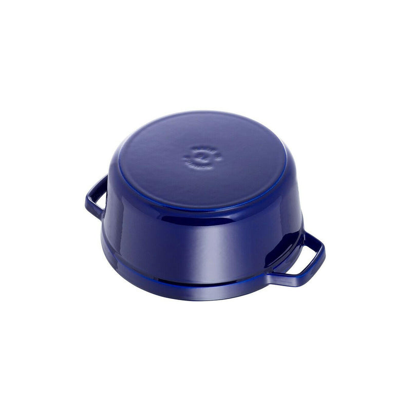 Staub | Round Cocottes - 9 qt - Lilac, a cast iron pot with a self-basting lid, ideal for slow-cooking and transitioning from kitchen to table.