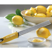 Microplane | Premium Zester, Grater - Classic Blue with yellow handle, displayed with fresh lemons and zest, ideal for precise and effortless citrus zesting.