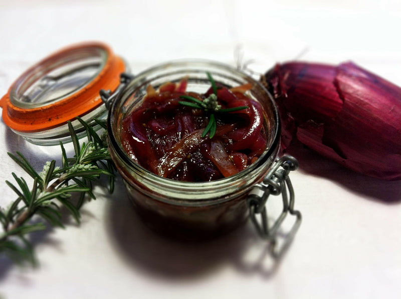 Le Parfait | Rounded French Glass Storage Jars - 3L with caramelized onions and rosemary, ideal for preserving and enhancing pantry storage.