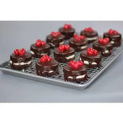 USA Pan's Extra Large Sheet Pan and Baking Rack Set, ideal for even baking and cooling, featuring a steel cross-wire design with elevated feet for optimal airflow.