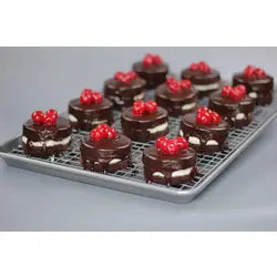 USA Pan's Extra Large Sheet Pan and Baking Rack Set, ideal for even baking and cooling, featuring a steel cross-wire design with elevated feet for optimal airflow.