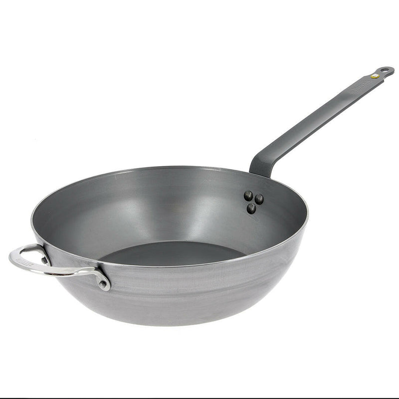 de Buyer | Mineral B Carbon Steel Country Fry Pan - 12.5 with high sides, ideal for versatile cooking, made from carbon steel for natural non-stick performance.
