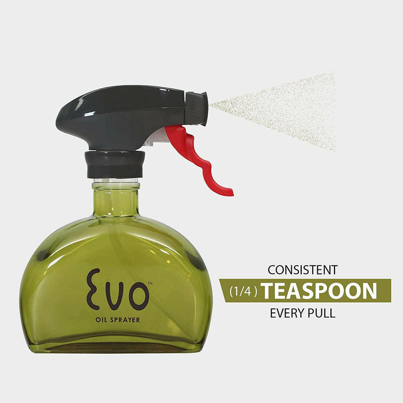 Evo Glass Non-Aerosol Oil Sprayer Bottle with a red handle, featuring a unique fan-shaped spray for precise, even oil coverage.