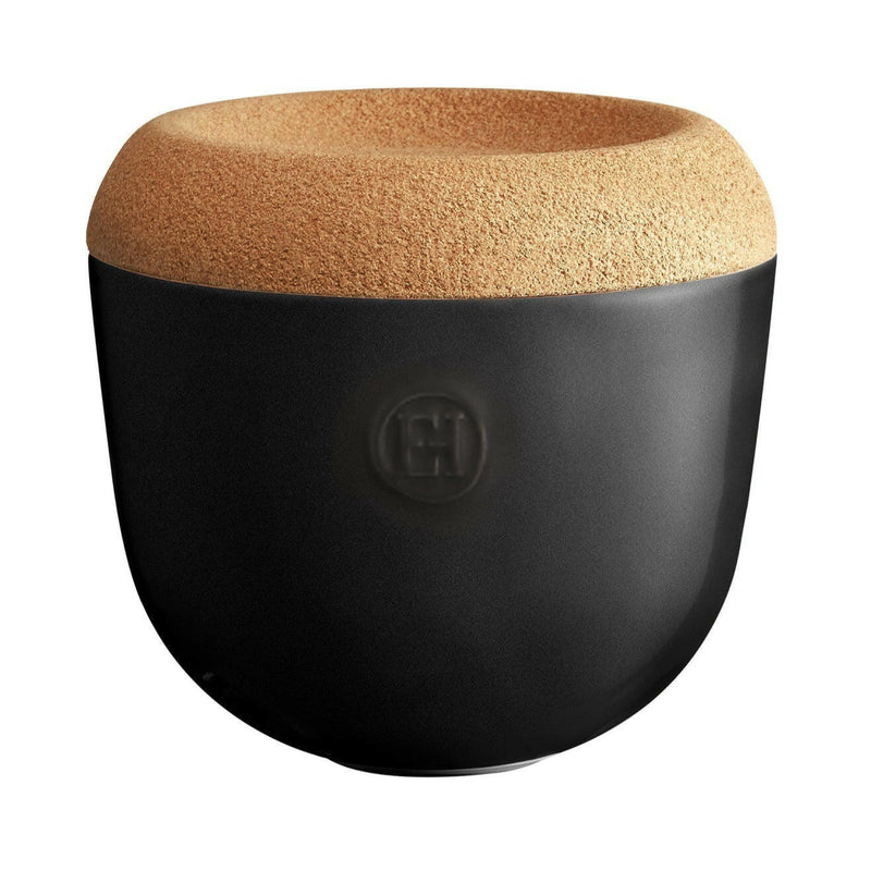 Emile Henry Garlic Pot - Clay: Black and tan ceramic pot with cork lid, designed for storing and ventilating garlic to maintain freshness.