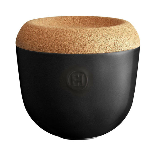 Emile Henry Garlic Pot - Clay: Black and tan ceramic pot with cork lid, designed for storing and ventilating garlic to maintain freshness.