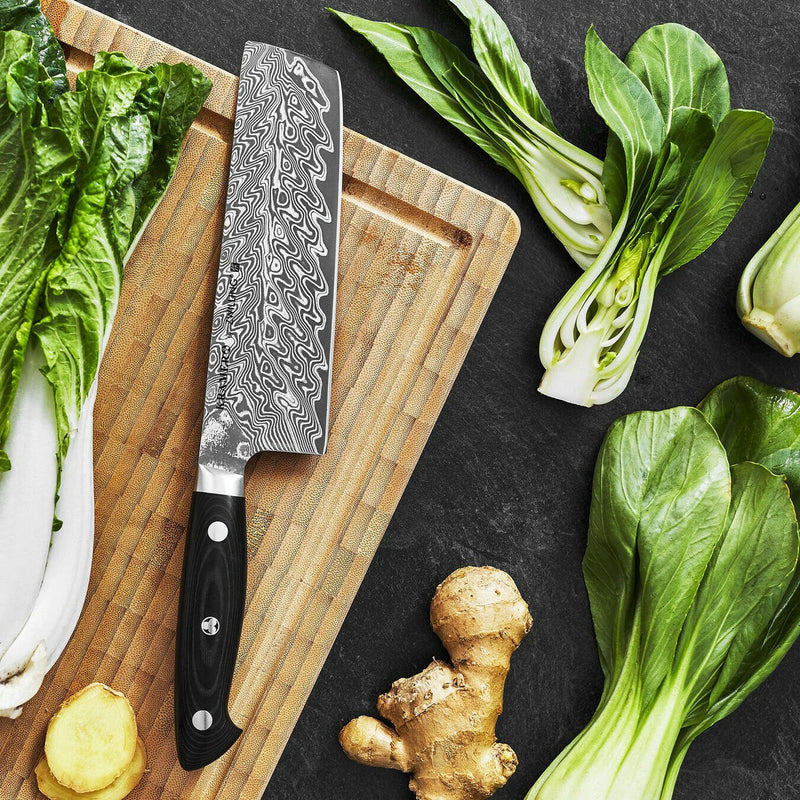 Zwilling | Kramer Damascus Knife Collection - 12 Double Cut Honing Steel, features a wide blade with a striking Chevron Damascus pattern and black Micarta handle.