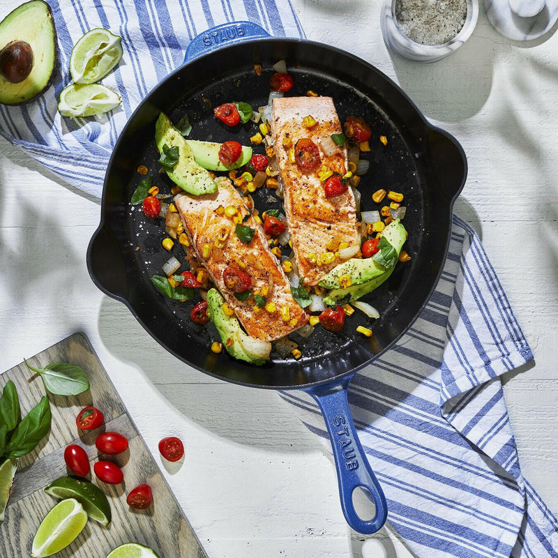STAUB Traditional Deep Fry Pan 11 inch - Deep Blue, featuring high sides for minimal splatter, enameled cast iron for even cooking, ideal for versatile everyday use.