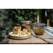 Le Parfait Super Jars - 1L (32oz) with herbed bread pudding on stoneware plates, showcasing airtight storage for preserving culinary creations from Athens Cooks.