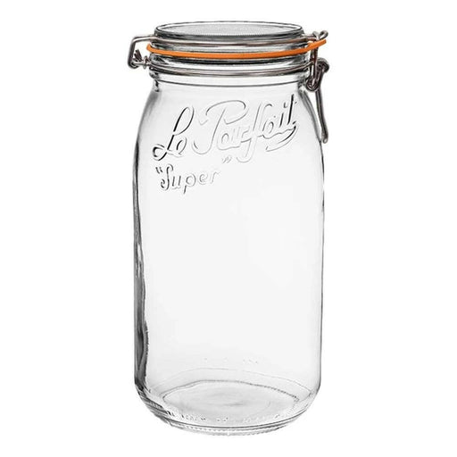 Le Parfait | Rounded French Glass Storage Jar - 3L (96 oz) with an airtight metal clamp lid and orange gasket, embossed Le Parfait Super. Perfect for preserving and storing.