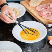 Rösle Flat Whisks - Silicone, ideal for stirring small quantities, features durable stainless steel and silicone, heat resistant to 220°C, and dishwasher safe.