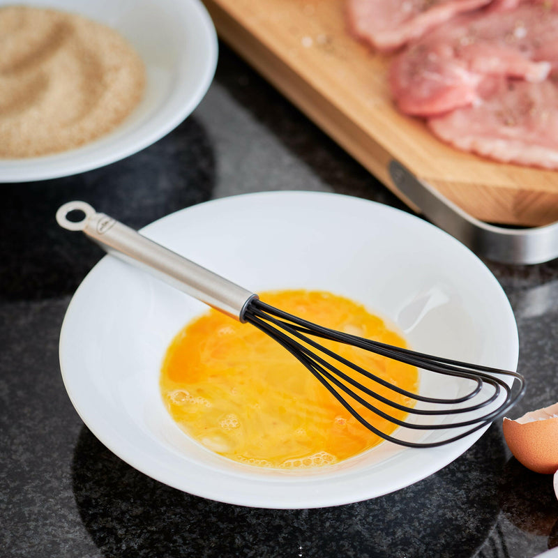 Rösle Flat Whisks - Silicone, ideal for stirring small quantities, features a durable stainless steel and silicone design. Heat resistant and dishwasher safe, perfect for any kitchen.