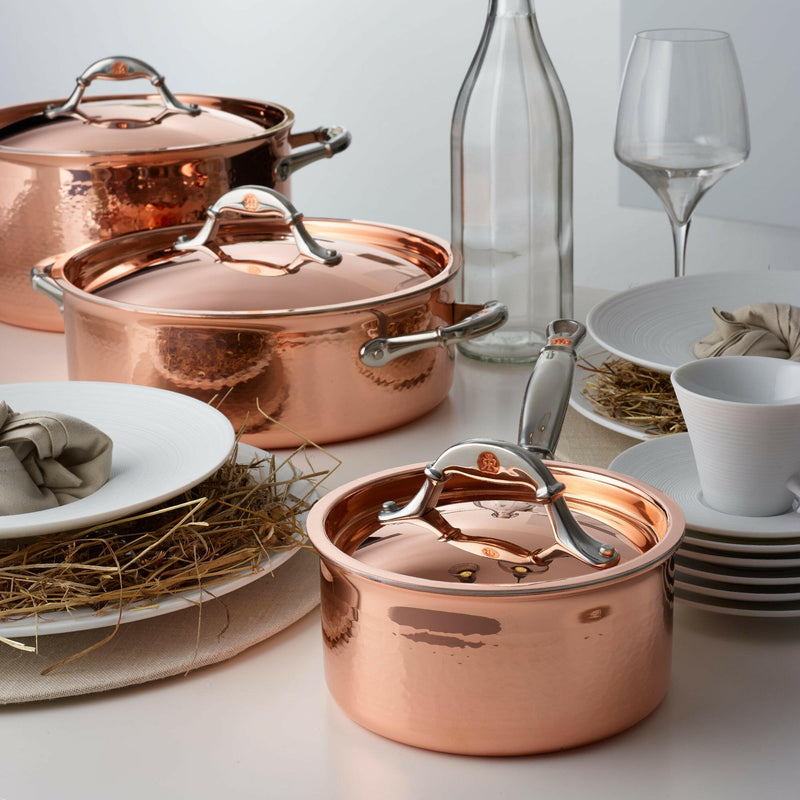 Ruffoni | Symphonia Cupra Saucepans - 3.5 Quart, showcasing a solid copper saucepan with a matching lid and ergonomic stainless steel handles, ideal for simmering sauces and soups.