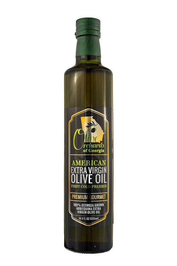 Olive Orchards of Georgia | Extra Virgin Olive Oil - 500 ml - 16.9 fl oz bottle, showcasing premium Arbequina variety known for its fruity, buttery flavor.