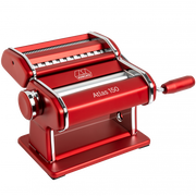 Marcato Atlas 150 Pasta Maker, a red machine with a handle, ideal for crafting homemade Italian pasta. Perfect for lasagne, fettuccine, and tagliolini.