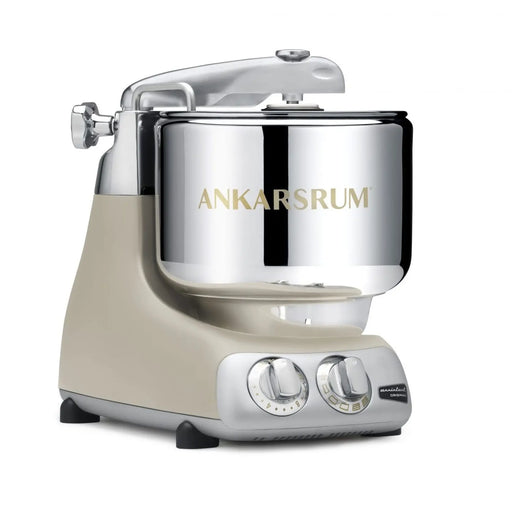 Ankarsrum | Stand Mixers in Store - Cloudy Pink: Stainless-steel bowl, dual dials, beige base; ideal for mixing large dough batches with powerful 1500 W motor.