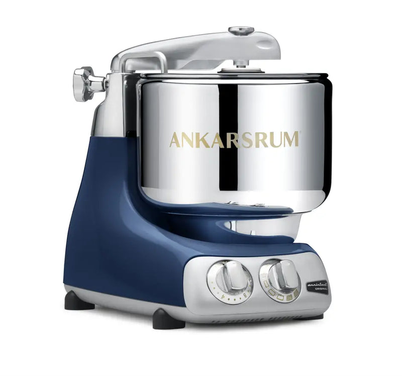 Ankarsrum Assistent Original® dark-blue stand mixer with stainless-steel bowl, featuring speed and timer knobs, ideal for robust mixing tasks.