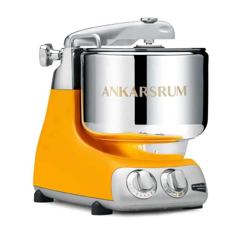 Ankarsrum Original stand mixer with stainless-steel bowl and control dials, ideal for heavy dough mixing, featured at Athens Cooks.