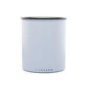 Planetary Design | Airscape | Classic and Kilo Stainless Steel Canisters - Ash - Matte Gray - Large, featuring a white container with a black lid for airtight storage.