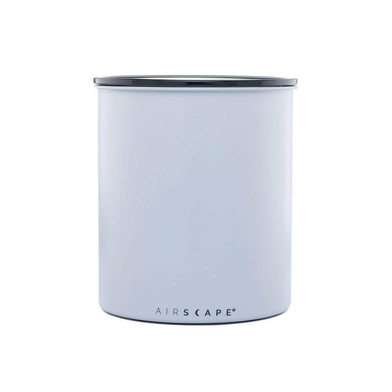 Planetary Design | Airscape | Classic and Kilo Stainless Steel Canisters - Ash - Matte Gray - Large, featuring a white container with a black lid for airtight storage.