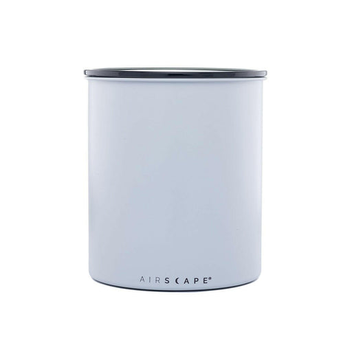 Planetary Design | Airscape | Classic and Kilo Stainless Steel Canisters - Ash - Matte Gray - Large, featuring a white container with a black lid for airtight storage.