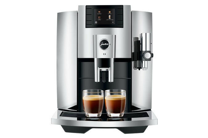Jura E8 Fully Automatic Espresso + Coffee Machine, featuring a sleek design and intuitive display, ideal for crafting 17 specialty coffees with ease.