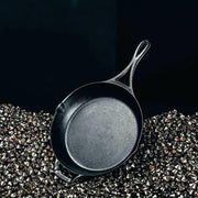 Lodge | Blacklock Skillets - Set of 2 | 10.25 & 12 cast-iron pans showcased close-up, emphasizing lightweight, triple seasoned design for versatile cooking on various heat sources.