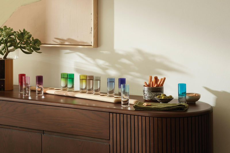 LSA International Shot Glass Set & Oak Paddle, featuring tall shot glasses nestled on a natural oak board with slim handles for stylish serving.