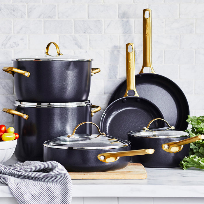 Reserve Ceramic Nonstick 8, 9.5 and 11 Frypan Set | Black with Gold Tone  Handles