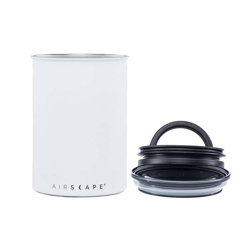 Airscape® Canister by Planetary Design, large size, features a white cylindrical body with black lids, ideal for preserving freshness in kitchen staples.