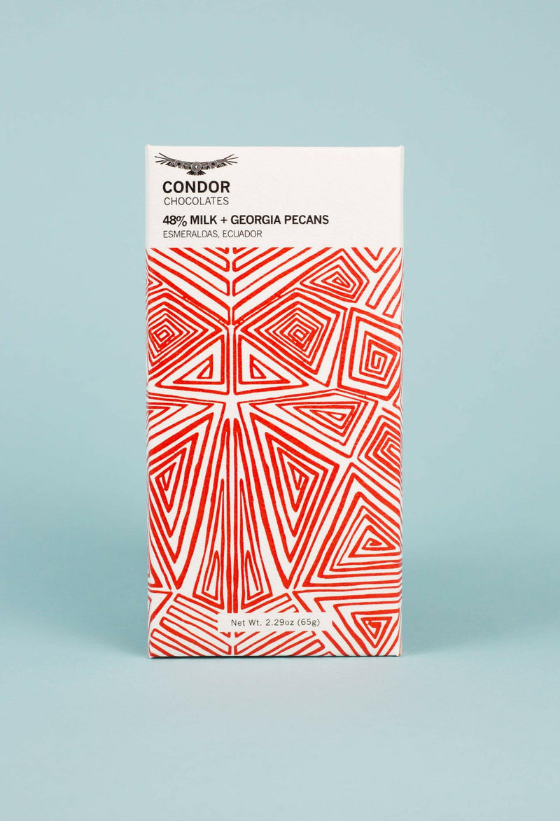 Condor 66% Dark Milk Chocolate Bars, crafted from premium Ecuadorian cacao, offering a smooth, nuanced flavor with hints of pecans and sea salt.
