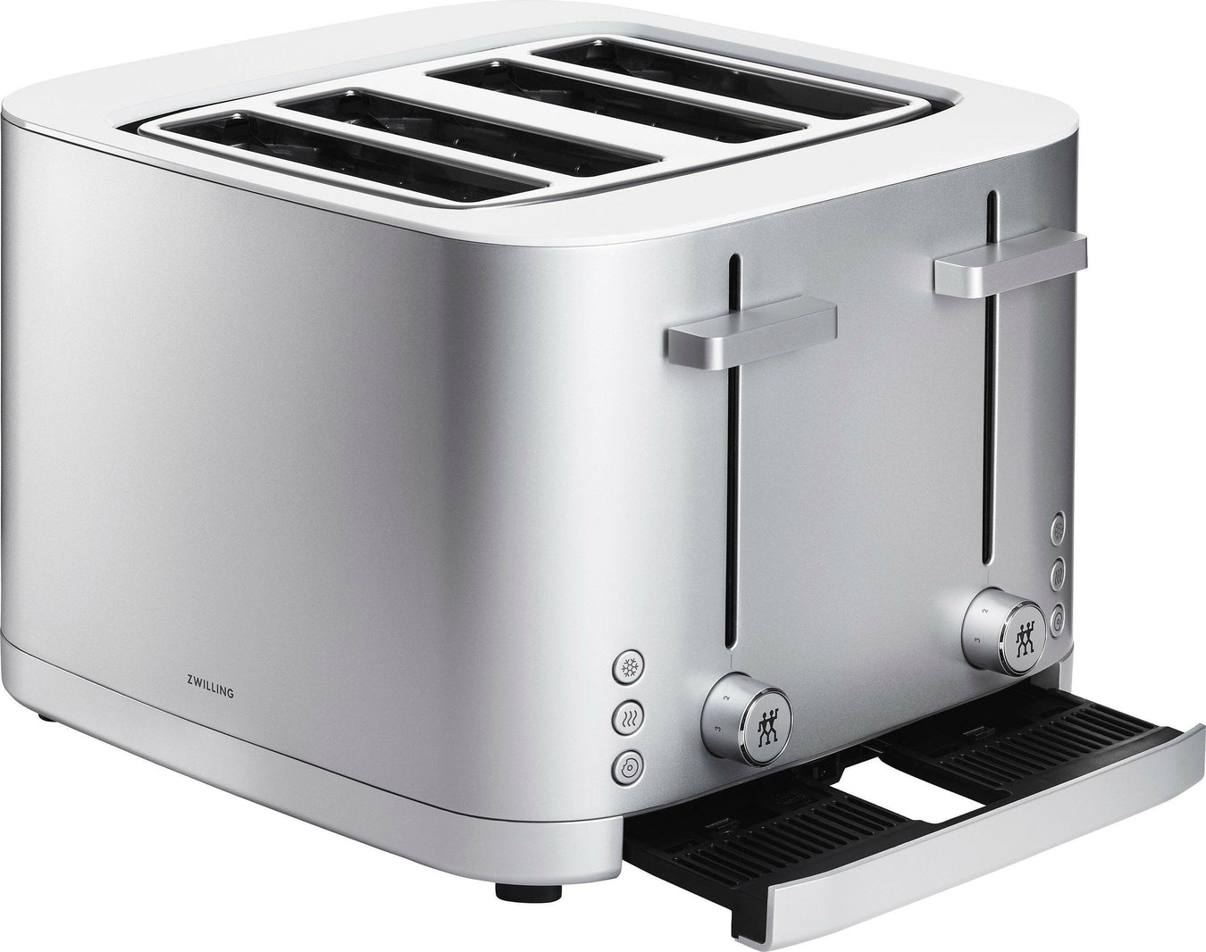 ZWILLING Enfinigy 4-Slot Toaster showcasing four slots, cool touch exterior, soft-lift feature, and removable crumb tray, ideal for evenly toasting various bread types.