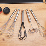 Rösle Balloon Whisk 12.5 with fine wires and a slender handle, ideal for whisking pancake batters, cream mixes, sauces, and soups.