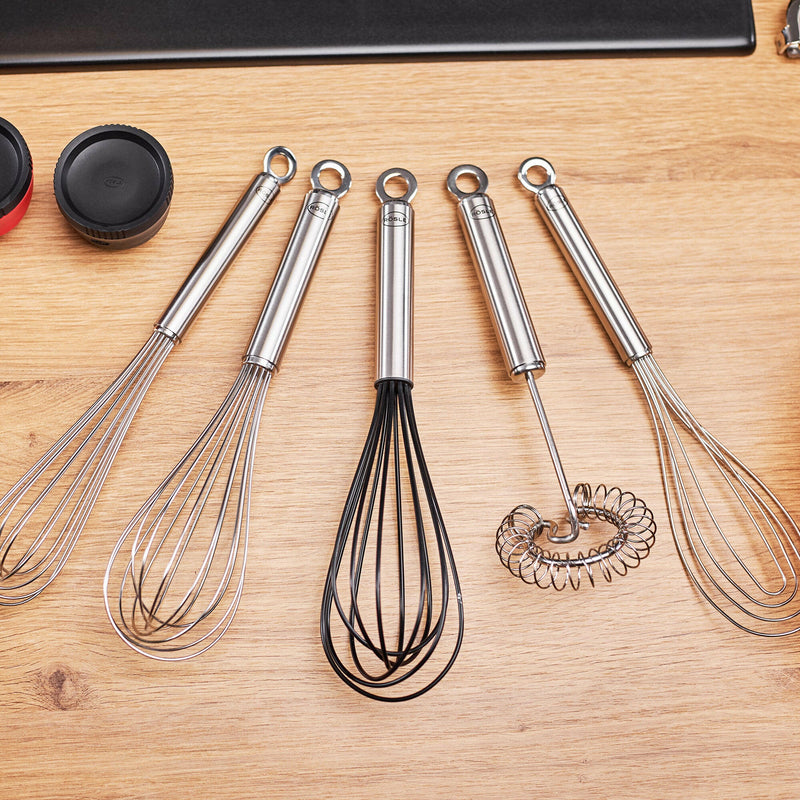 Rösle Balloon Whisk 12.5 with fine wires and a slender handle, ideal for whisking pancake batters, cream mixes, sauces, and soups.