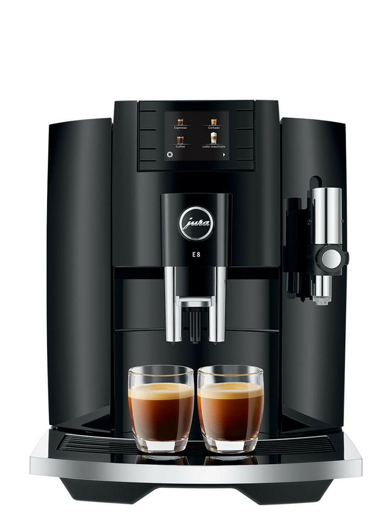 Jura | E8 - Fully Automatic Espresso + Coffee Machine - Piano Black, featuring a sleek design, Professional Aroma Grinder, and intuitive TFT display for versatile coffee preparation.