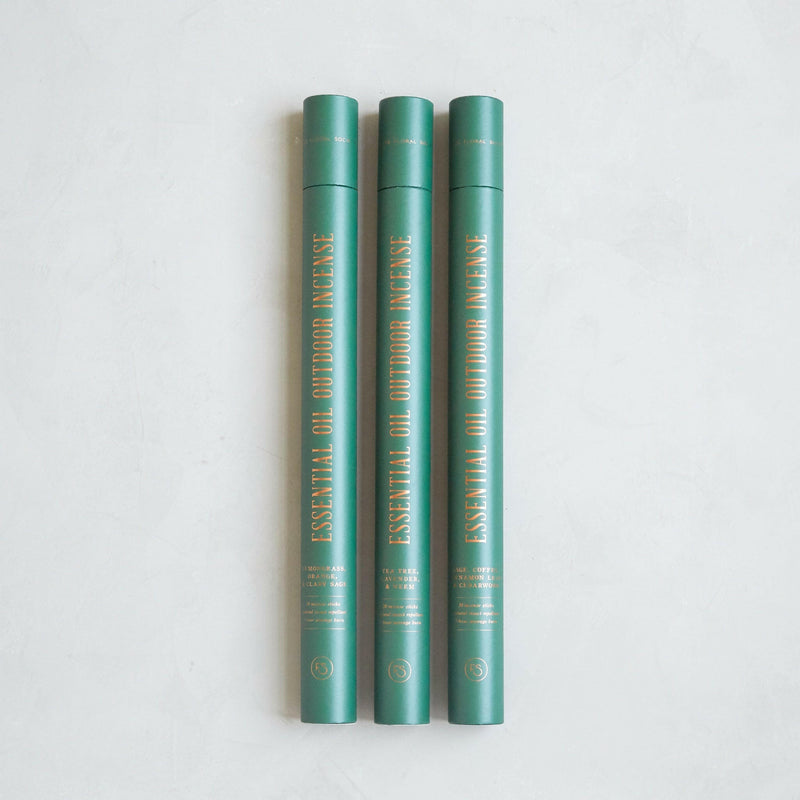 The Floral Society | Essential Oil Outdoor Incense - Sage | Coffee | Cinnamon Leaf | Cedarwood, featuring 19” handcrafted punk wood sticks for outdoor gatherings.