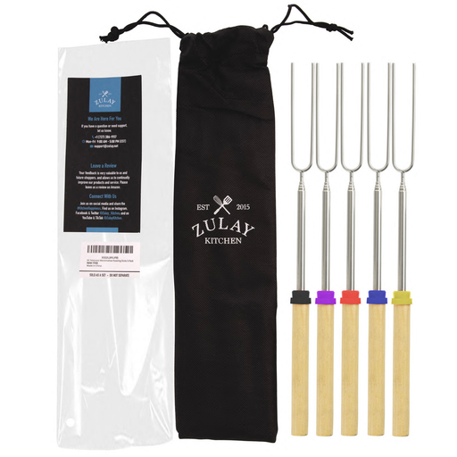 Zulay Kitchen | Extendable Marshmallow Roasting Sticks in packaging, showcasing telescopic design and wooden handles, ideal for safe, effective campfire cooking from Athens Cooks kitchen store.