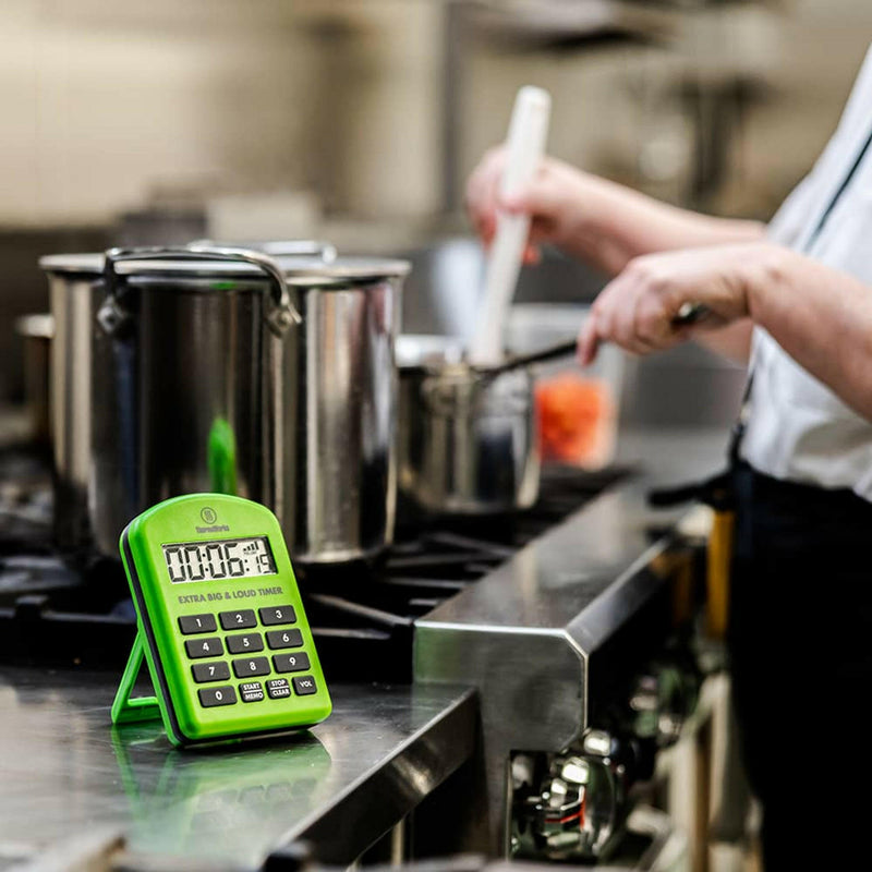 ThermoWorks | Extra Big & Loud Timer - Orange featuring large digits, robust rubber keypad, and sturdy magnets, designed for noisy commercial kitchens and professional use.