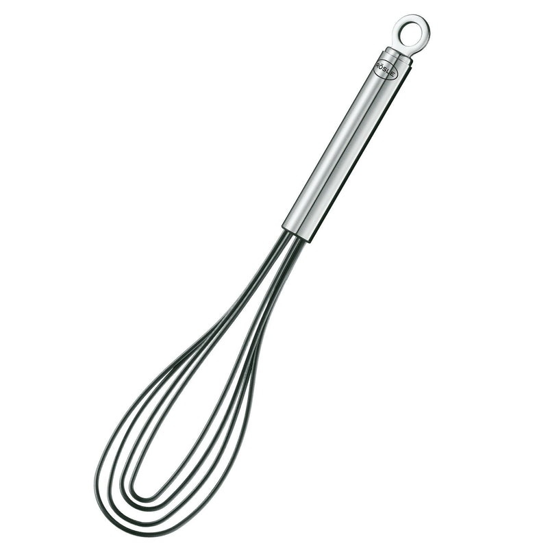 Rösle | Flat Whisks - Silicone, ideal for stirring small amounts, features a flat design, heat resistance up to 220°C, and durable stainless steel-silicone construction.