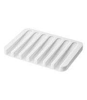 Yamazaki Home | Flow Self-Draining Soap Tray | Silicone - White: Rectangular tray with ridges, designed to keep soap dry by draining water back into the sink.